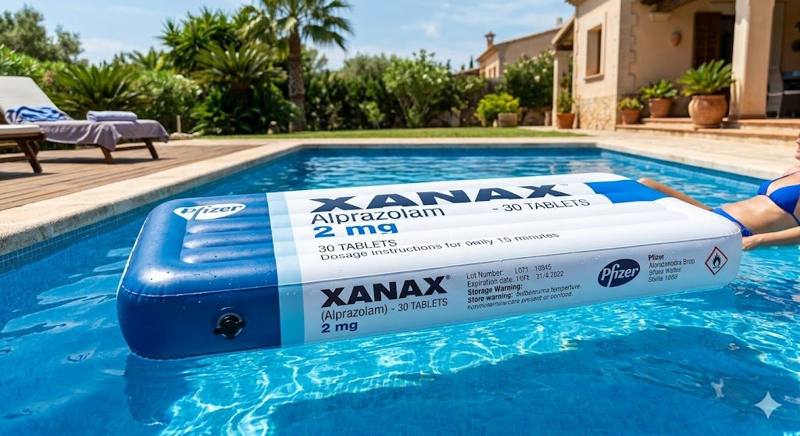 Inflatable pool float shaped like a Xanax pill package floating in a pool