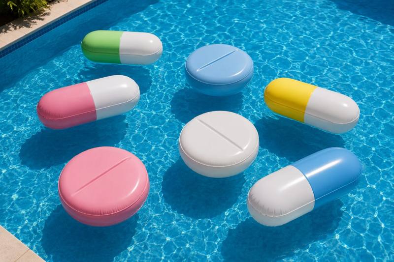 Oversized pills and capsules arranged on a bright blue surface