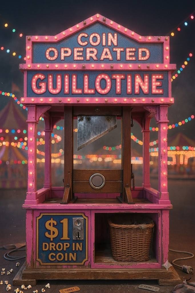 Coin-operated guillotine carnival attraction, pink and blue with string lights, a dollar coin slot reading DROP IN COIN