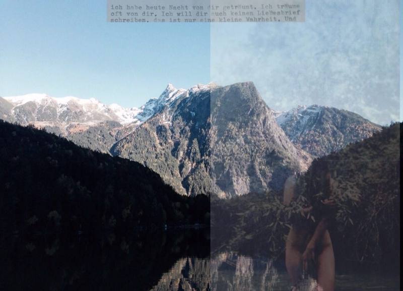 Mountain landscape diptych overlaid with a typewritten love letter and a faint nude figure