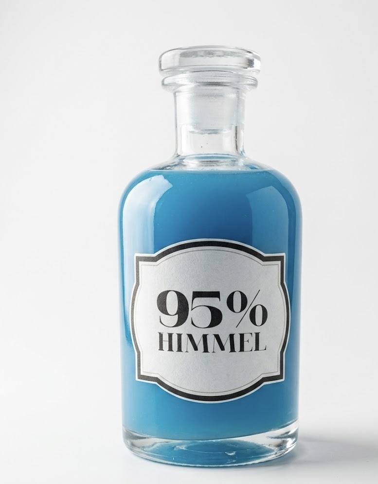 Apothecary bottle of sky-blue liquid with an ornate label reading 95% Himmel