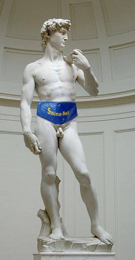 Michelangelo's David wearing a blue sauna belt