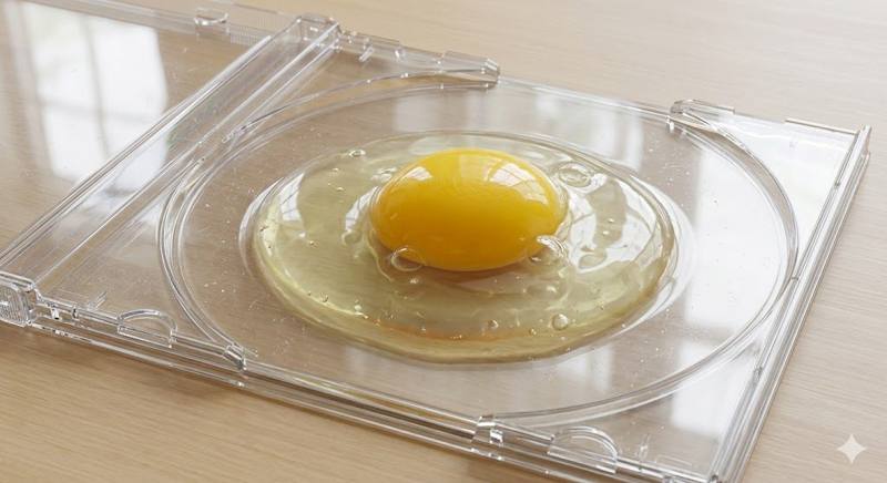 A raw egg cracked into an open CD jewel case