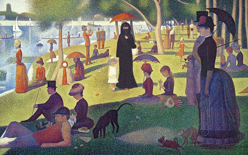 Seurat's La Grande Jatte with a fully veiled figure inserted into the scene