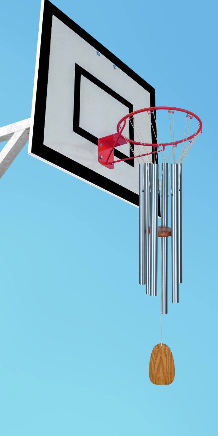 A basketball hoop fitted with metal wind chimes instead of a net