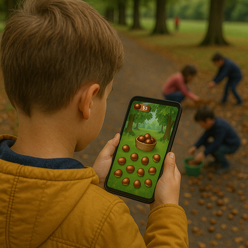 Child in a park collecting chestnuts in a smartphone game while other children gather real chestnuts in the background