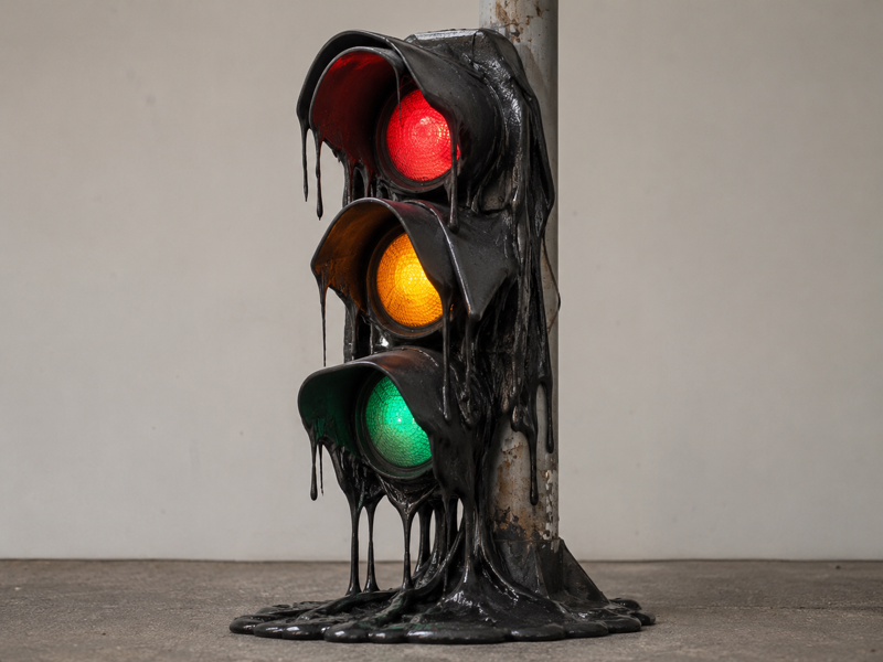 Traffic light melting into glossy black material while its red, amber and green lights glow
