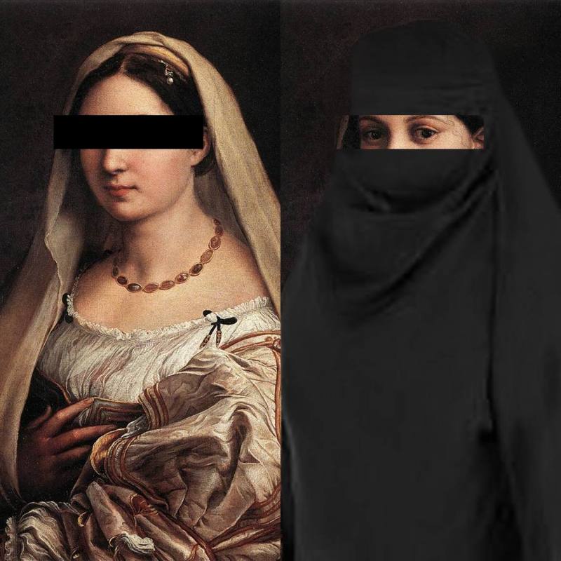 Diptych — Renaissance portrait of a veiled woman next to a woman in a black veil, eyes covered by black bars