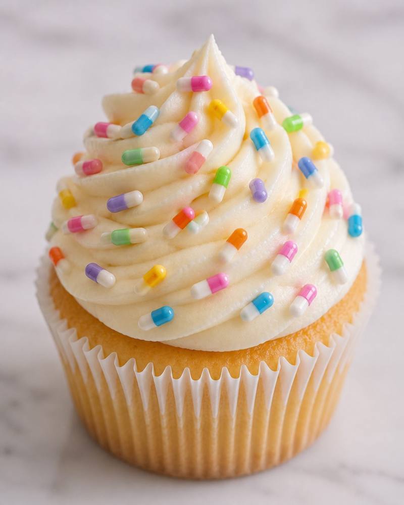 Cupcake with frosting sprinkled with colorful pill capsules instead of sugar sprinkles