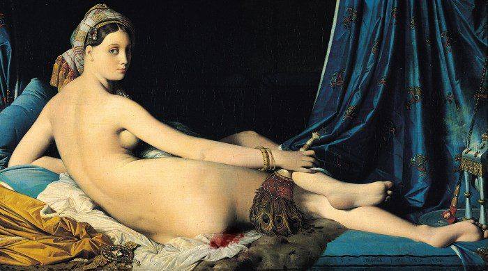 Ingres' Grande Odalisque with a blood stain added to the scene