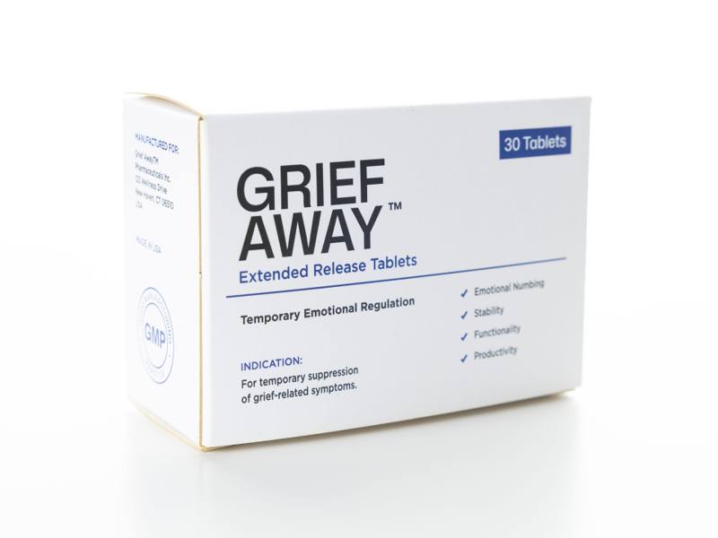 Grief away fictional pharmaceutical packaging made from printed cardboard