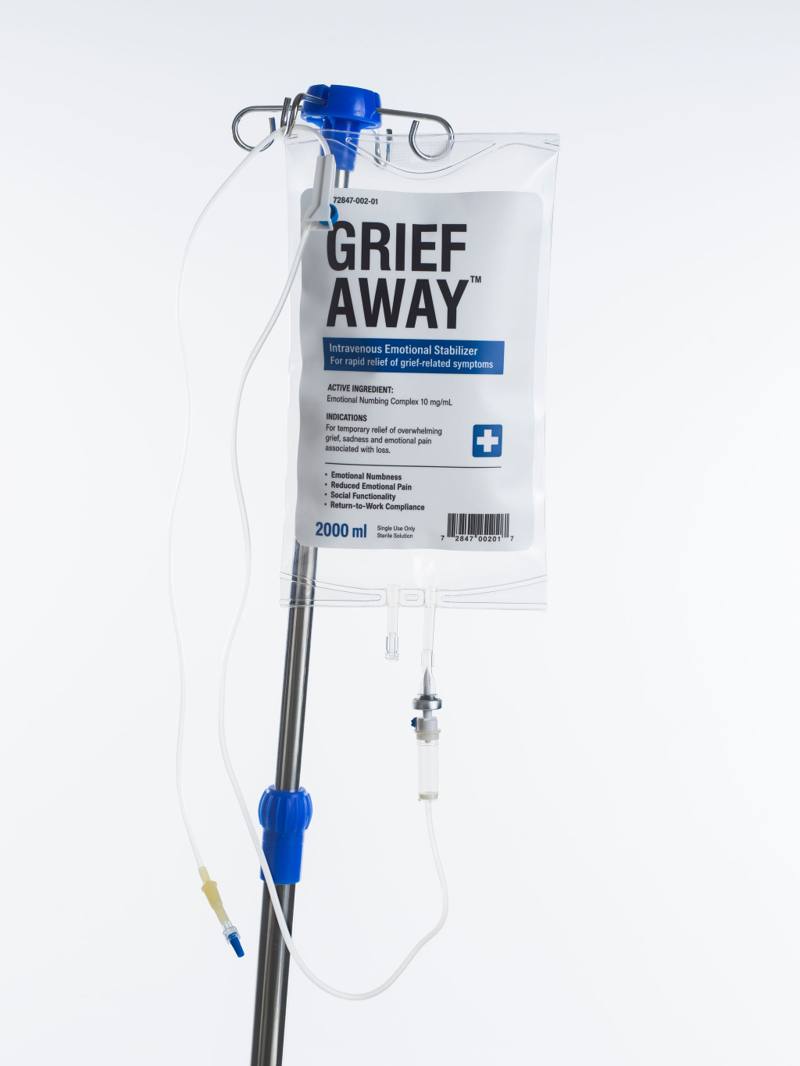 Grief Away IV bag shown close-up on an infusion stand