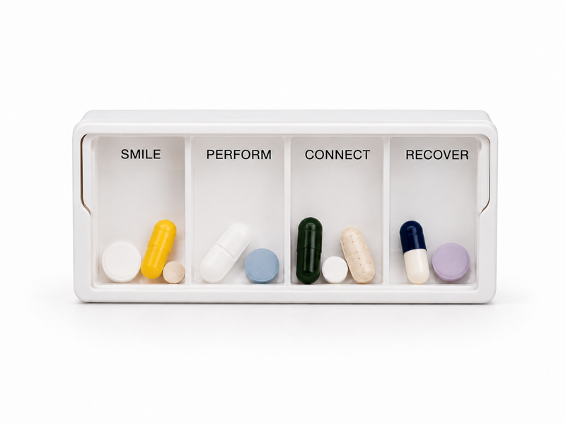Digitally altered pill dispenser labelled Smile, Perform, Connect, and Recover