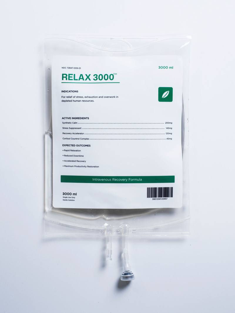 Relax3000 IV bag with a custom-printed label