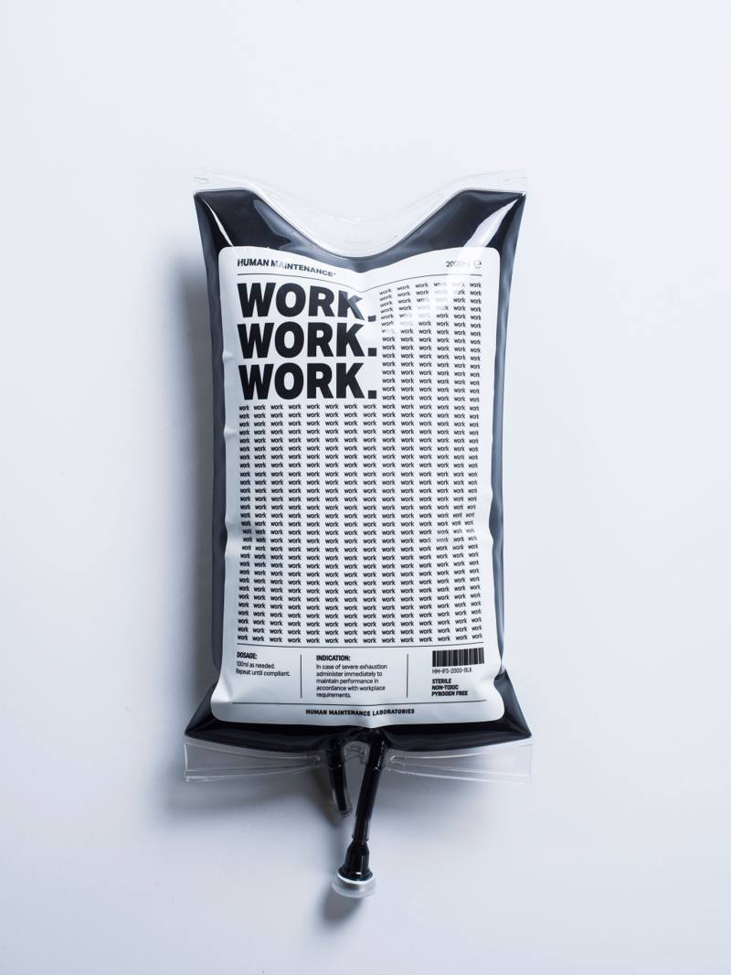 Work.Work.Work. IV bag with a custom-printed label
