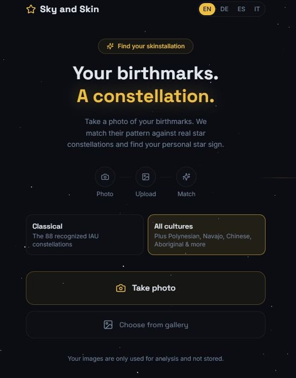 Sky and Skin mobile app interface matching birthmarks with star constellations