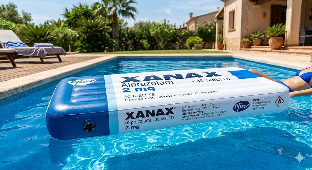 Inflatable pool float shaped like a Xanax pill package floating in a pool