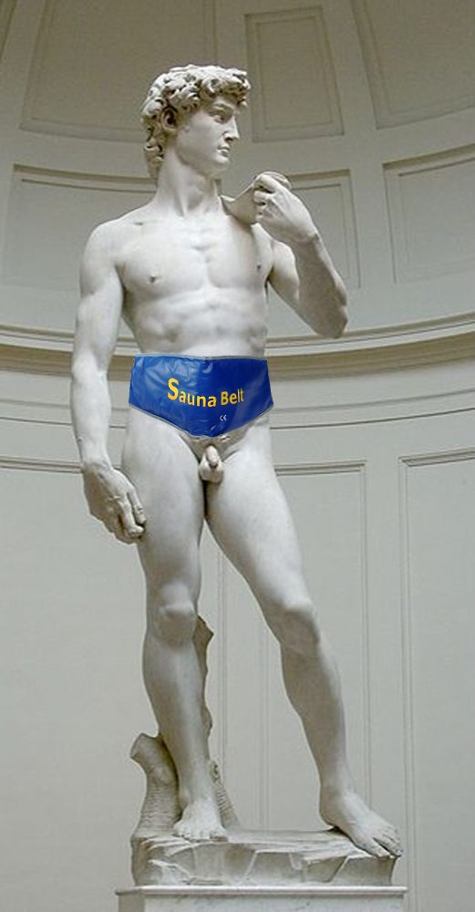 Michelangelo's David wearing a blue sauna belt