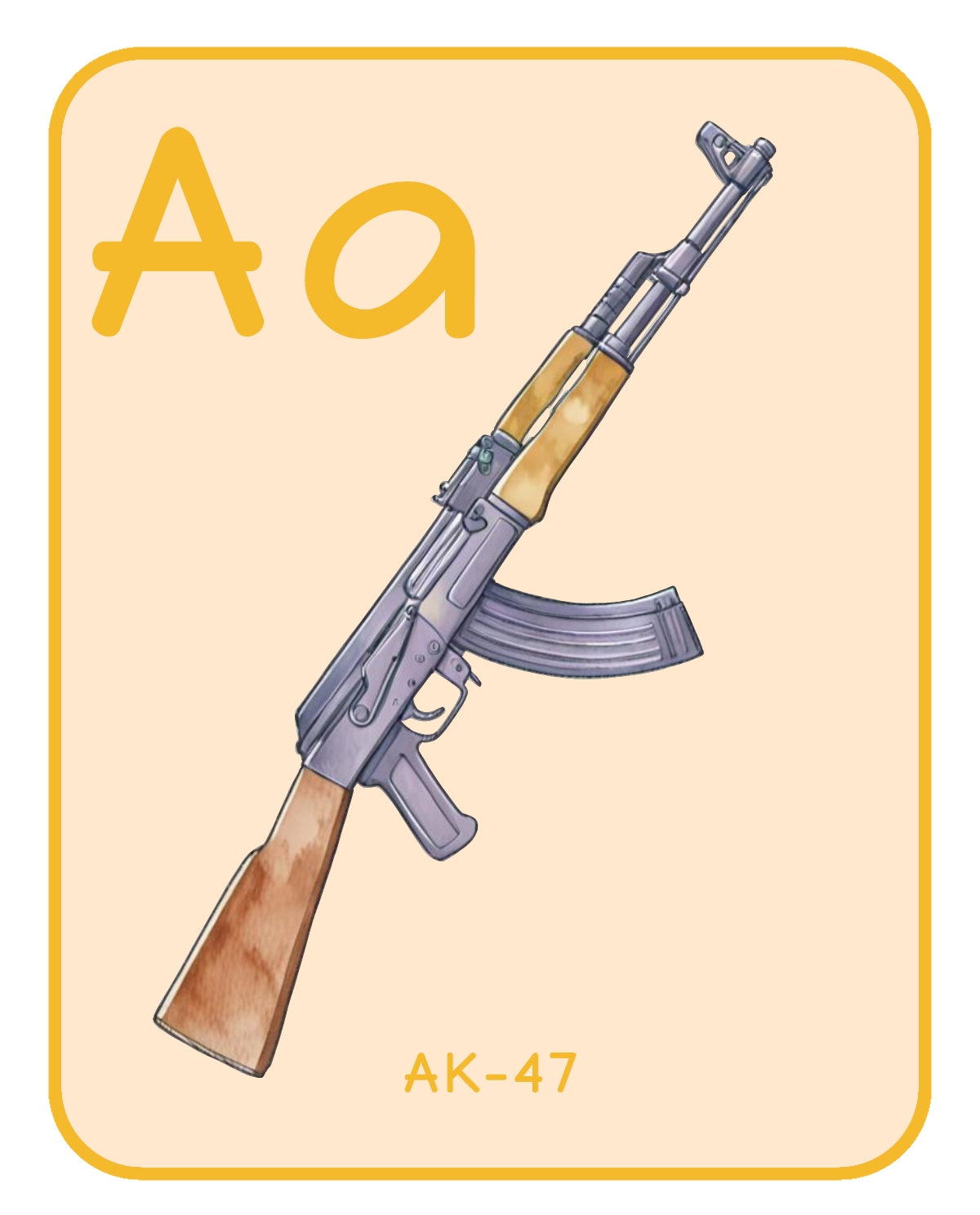 Children's alphabet flashcard: letter A, AK-47 assault rifle illustration