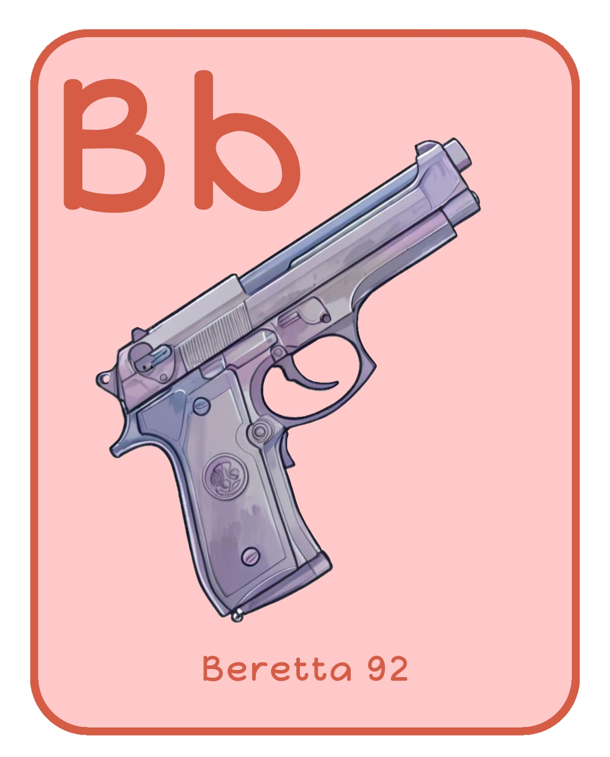 Children's alphabet flashcard: letter B, Beretta 92 pistol illustration