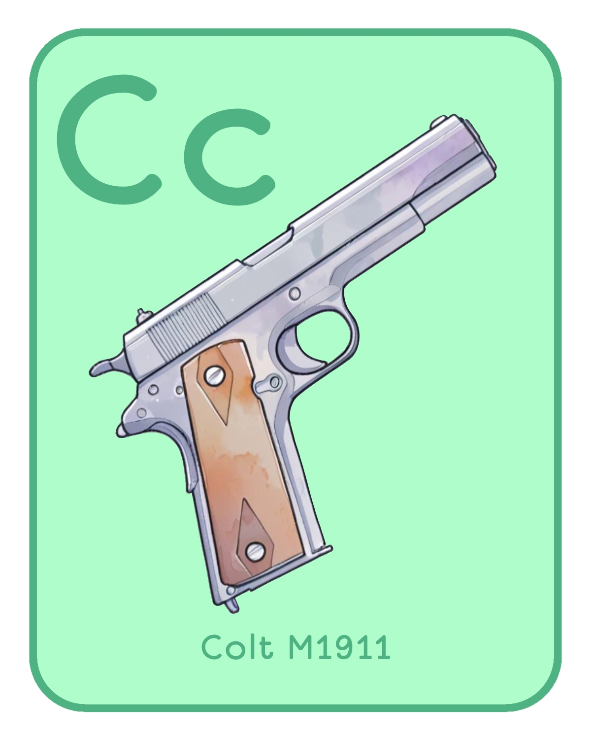 Children's alphabet flashcard: letter C, Colt M1911 pistol illustration