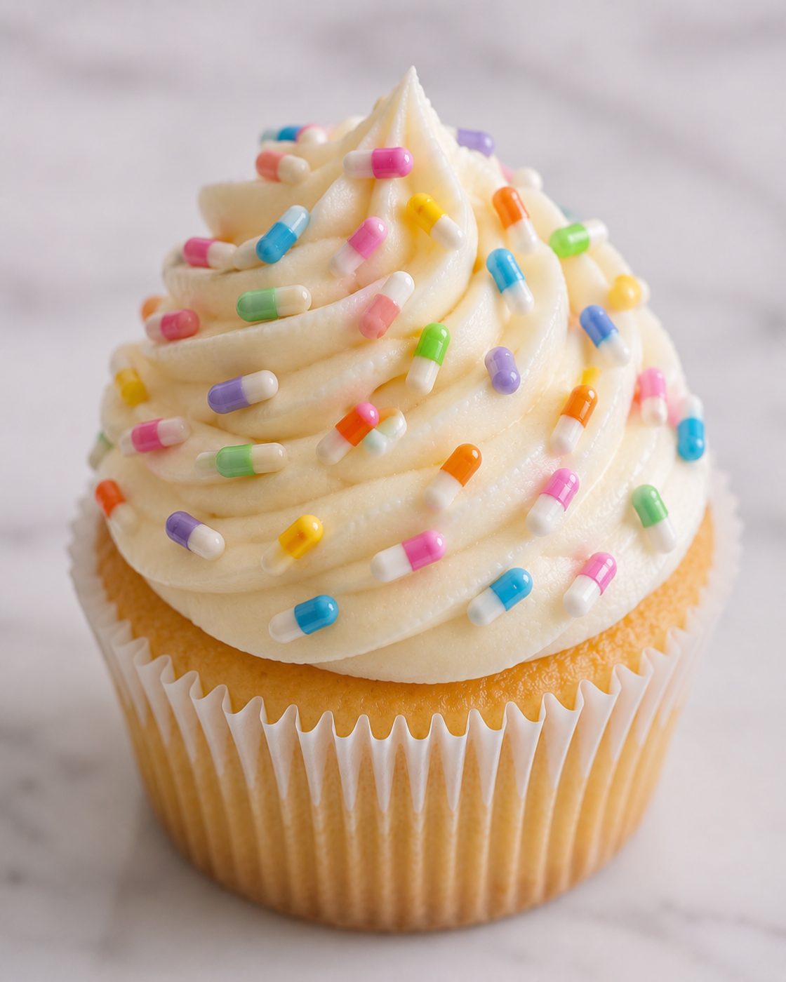 Cupcake with frosting sprinkled with colorful pill capsules instead of sugar sprinkles